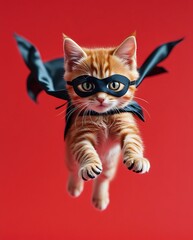 Obraz premium Adorable superhero kitten in action with a black mask and cape, leaping against a vibrant red background, showcasing bravery, charm, and cuteness, perfect for pet lovers and feline enthusiasts