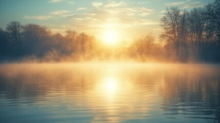 Fototapeta premium Misty sunrise over calm lake reflecting golden sunlight, bare trees.