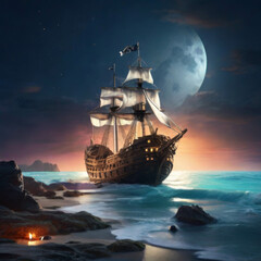 Fototapeta premium a shipwreck of a pirate ship on one planet in the universe