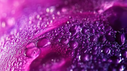 Close-up of water droplets on a vibrant purple surface, showcasing texture and color.