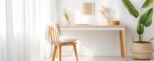 Clean workspace with white walls, light oak table, and neutral decor, sunlit through sheer curtains, natural workspace, minimalist and calming