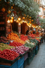 Obraz premium Photo réaliste professionnelle d’un marché local animé avec des étals colorés de fruits et légumes, des produits frais empilés et des acheteurs en train de parcourir les stands