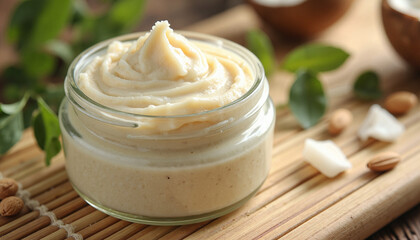 Creamy nut butter in a glass jar, showcasing a smooth, rich texture, surrounded by green leaves and natural wooden elements, emphasizing its organic appeal