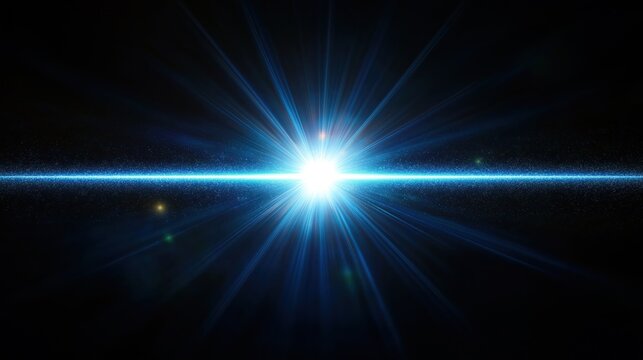 Bright blue light creates starburst effect in dark background. Light beam shines from center radiating outwards. Abstract visual design perfect for tech sci-fi projects. Digital art powerful optical