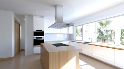 Modern kitchen design with sleek cabinetry and large windows.