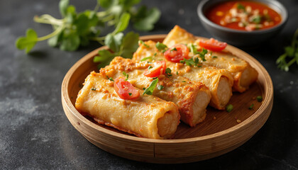 Crisp golden spring rolls garnished with fresh herbs and tomatoes elegantly presented on a bamboo plate against a dark background with a vibrant dipping sauce