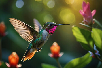 Obraz premium a lush green forest, exotic flowers and an origami hummingbird next to the flower