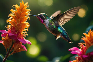 Fototapeta premium a lush green forest, exotic flowers and an origami hummingbird next to the flower