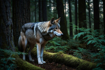 a wolf sneaking among the trees in a dark forest