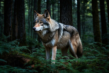 a wolf sneaking among the trees in a dark forest