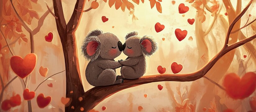 valentine poster with koala siting on the branch with orange background with a lot of love red heart