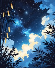 Starry Night Sky with Bamboo Silhouettes: A Captivating Blend of Nature and Cosmos, Featuring Sparkling Stars, Mystical Clouds, and a Dreamlike Atmosphere Perfect for Serenity, Imagination, and Cosmic