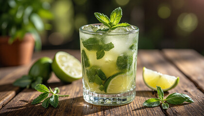 Refreshing mint mojito cocktail with lime slices and mint leaves exuding a vibrant, summer vibe on a rustic wooden table surrounded by greenery