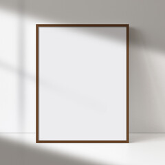 Obraz premium Dark wood picture frame art, poster, or painting mock-up with blank canvas, soft natural light, and shadow on a neutral wall. Perfect for showcasing artwork or designs.