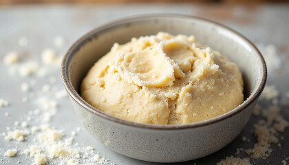 Vintage Cookware bowl filled with creamy buttery polenta dusted with fine cornmeal, showcasing a rustic kitchen ambiance with a soft, inviting warmth