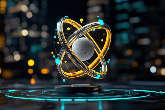 Abstract Representation of an Atom with Glowing Electron Orbits in a Futuristic Cityscape, Highlighting Technology, Science, and Innovation