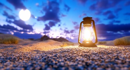 A glowing lantern in a serene desert landscape under a twilight sky.
