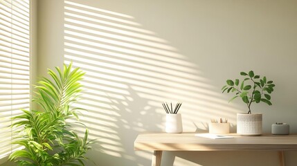Minimalist corner desk surrounded by greenery, sunlight filtering through blinds, and neutral decor, nature-inspired workspace, calm and balanced