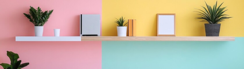 Modern workspace, floating shelves, pastel walls