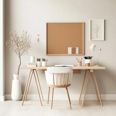 Modular desk, corkboard, neutral accents