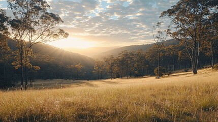 Fototapeta premium Sunrise over a valley with tall grass and trees.