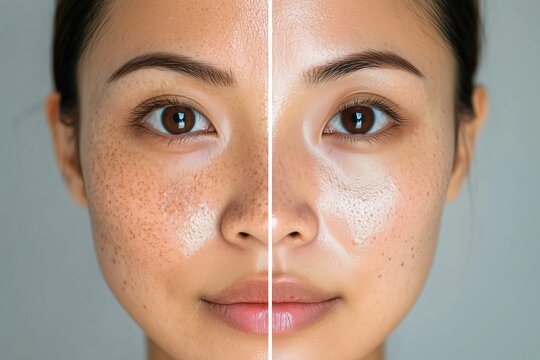Asian womanas face showing before-and-after results facial treatment for spot melasma, dark spots, and freckles.