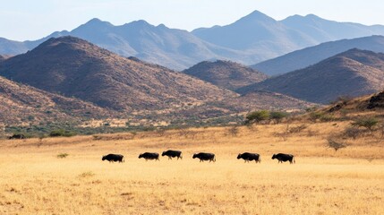 Obraz premium Buffalo Walking Through a Dry Grassy Plain