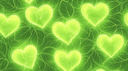 Glowing Green Hearts on Leaf Background: A Symbol of Nature's Love