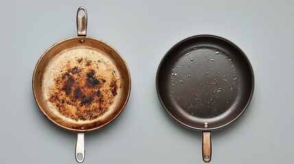 Cleaning carbon deposits from kitchen utensils. Depicts a dirty pan bottom before cleaning and a clean one after, against a gray background.