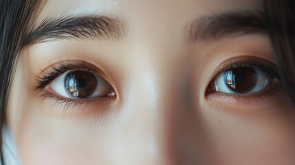 Obraz premium Asian womana??s face close-up, showing dark circles under her eyes before and after cosmetic treatment. White background.