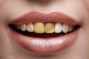 Teeth with yellow stains before and after a dental whitening procedure, highlighting plaque removal.