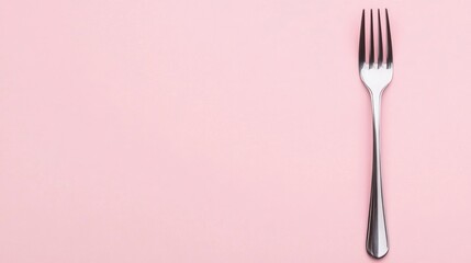 Naklejka premium A shiny silver fork placed on a soft pink background.