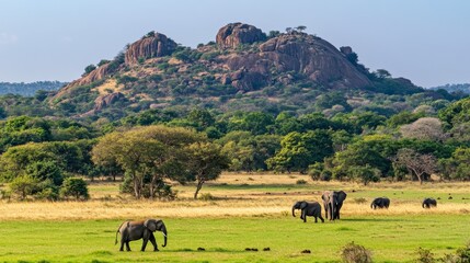 Obraz premium Elephants Walking Across Grassy Plain with Rocky Outcrop