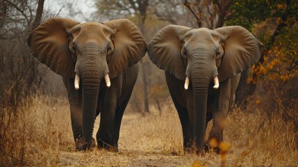 Fototapeta premium Elephants Walking Through Dry Grass at Golden Hour