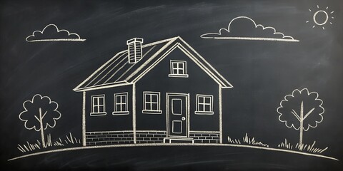 Simple chalk drawing of a house on a blackboard, surrounded by trees, clouds, and a sun. Childlike style with a cozy, welcoming design.