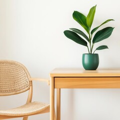 Wooden desk, ceramic planter, woven chair, cozy corner workspace, natural minimalist office, modern and chic