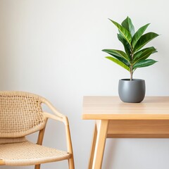 Wooden desk, ceramic planter, woven chair, cozy corner workspace, natural minimalist office, modern and chic