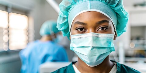 Close-up portrait of a young Black female surgeon wearing a teal surgical cap and mask. Sunlight filters through a window behind her, casting a warm, soft light on her focused expression. copy space.