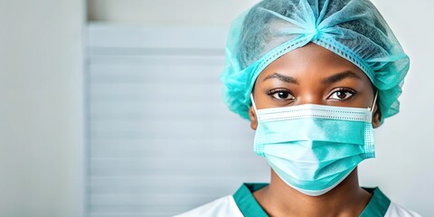 Close-up of a Black  female healthcare worker in teal surgical attire, with a calm and focused expression. The soft-focus background leaves room copy space.