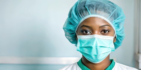 Portrait of a Black   female healthcare professional wearing teal scrubs and a surgical mask. The light, neutral background offers clean copy space, perfect for health-related messages or branding.