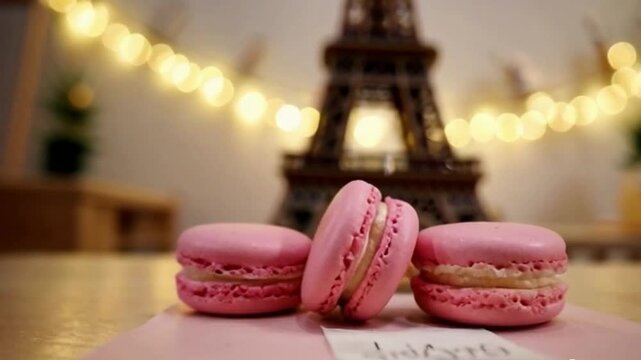 Focused Shot of Pink Macarons with Eiffel Tower and Paris Note