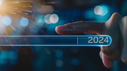 Business professional pointing to a digital loading bar transitioning from "2024" to "2025," symbolizing progress and business growth.


