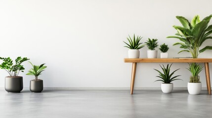 Workspace with concrete flooring, wooden table, indoor plants, industrial desk setup, minimalist charm
