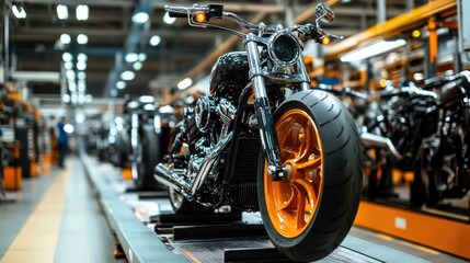 A clean motorcycle factory with production lines showcasing engines, frames, and wheels being assembled step by step.