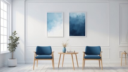 Fototapeta premium frame mockup in scandinavian dining room, minimal design on white and blue interior background