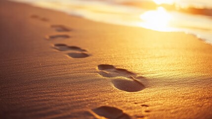 Footprints on a sandy beach at sunset, evoking tranquility and reflection.