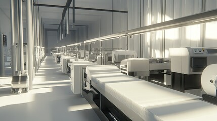 An organized assembly line for creating pleated curtains with automated machines and skilled oversight.