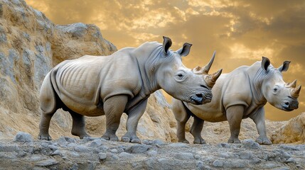 Fototapeta premium Rhinos Walking Near Rocky Cliffs at Golden Hour