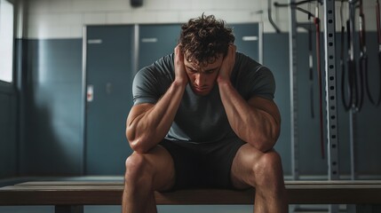 Obraz premium Athletic Man Sitting Dejectedly In A Gym Locker Room
