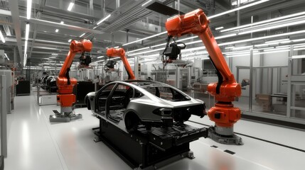 Fototapeta premium Modern automotive manufacturing plant with robotic arms assembling car frames on a high-tech production line.